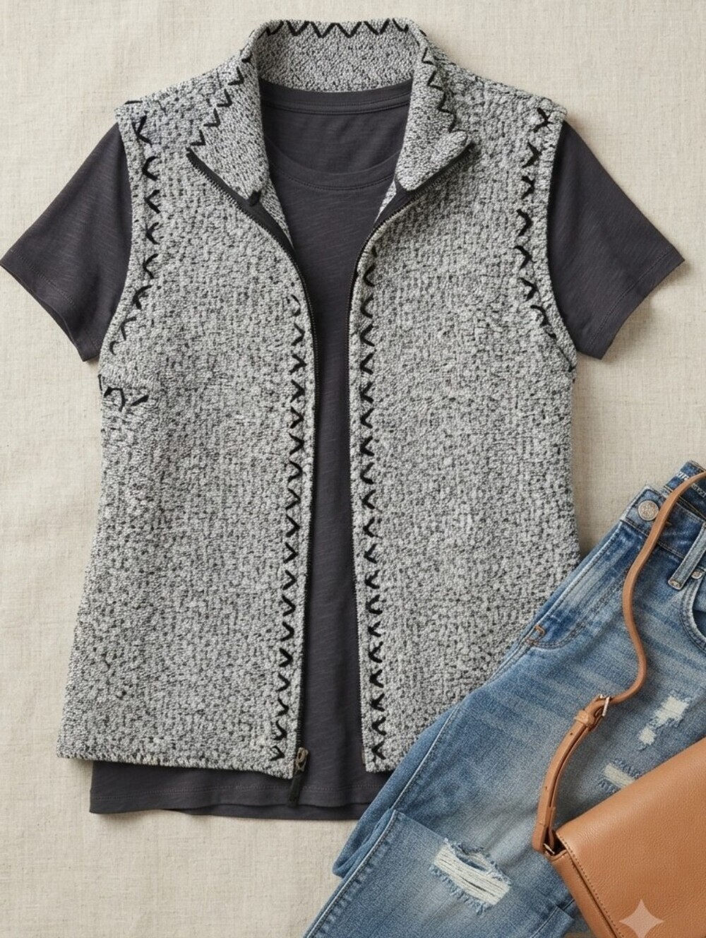 CJ Banks Gray Black Hand Embroidery Zip Up Vest